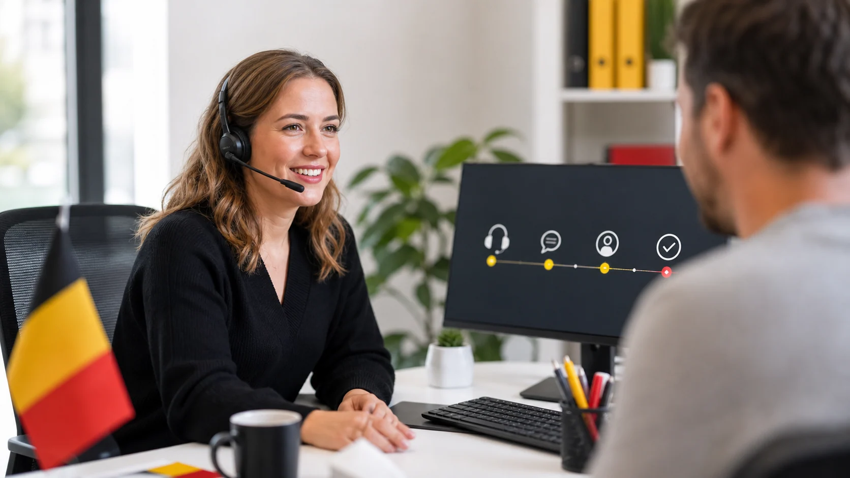 Conseillère du support client répondant à un client belge