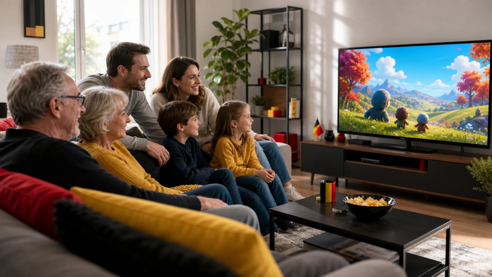 Famille belge regardant des chaînes de télévision variées dans le salon