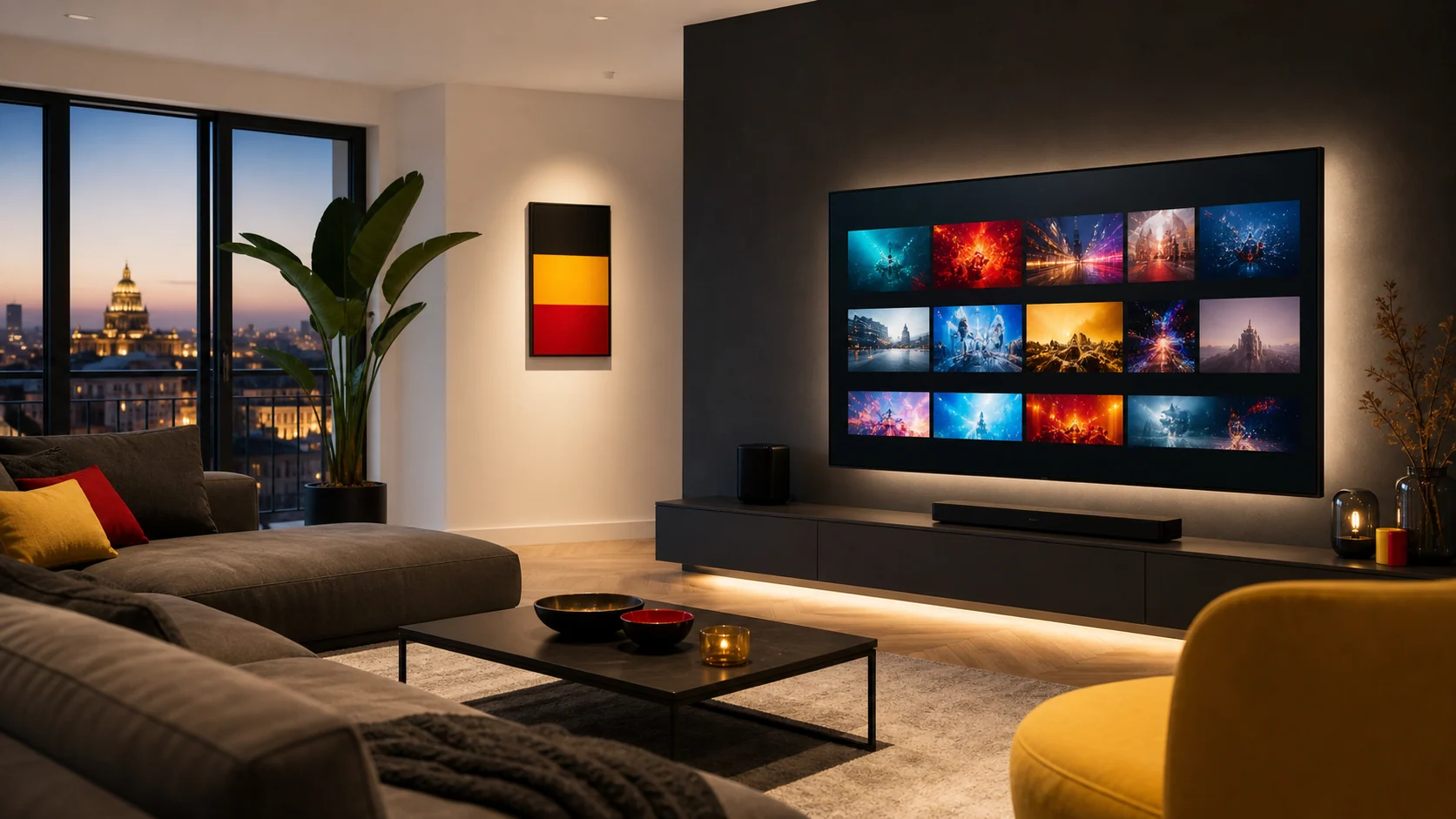 Salon belge moderne avec l’interface IPTV Belgique GO affichée sur un grand téléviseur