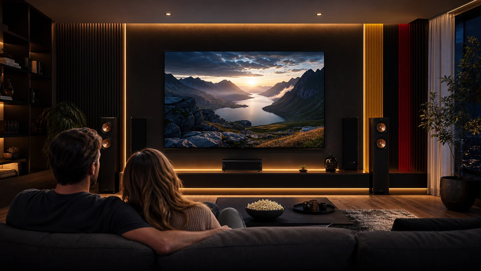 Salon transformé en home cinéma pour regarder films et séries à la demande
