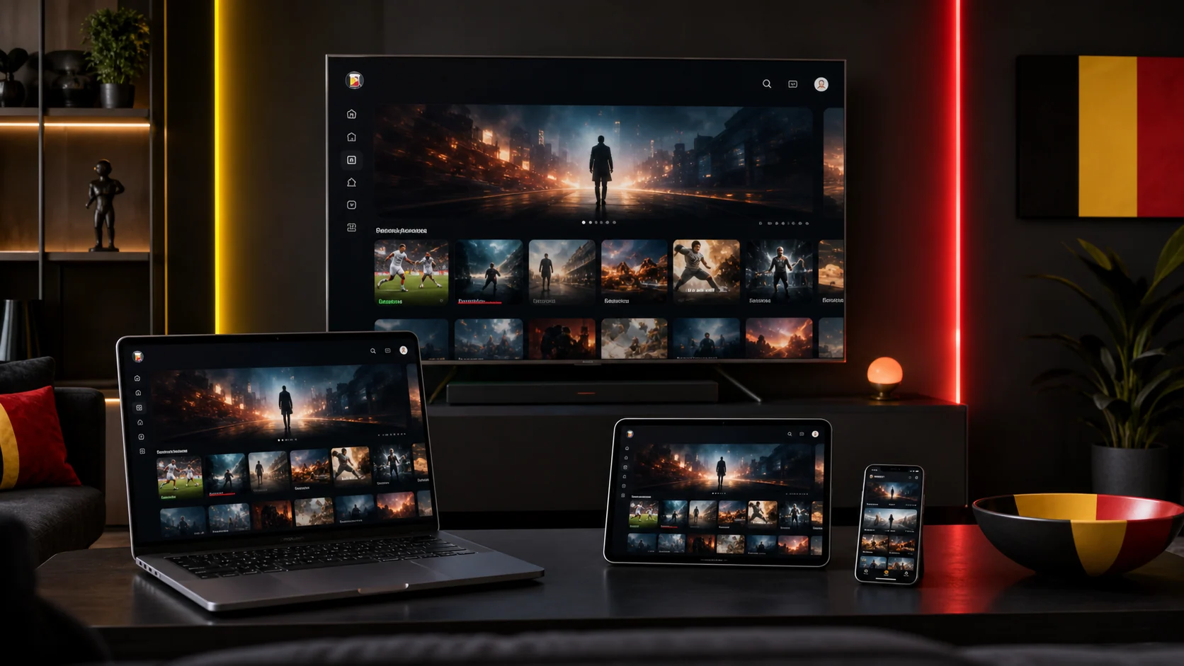 Télévision, ordinateur portable, tablette et smartphone affichant le même service IPTV