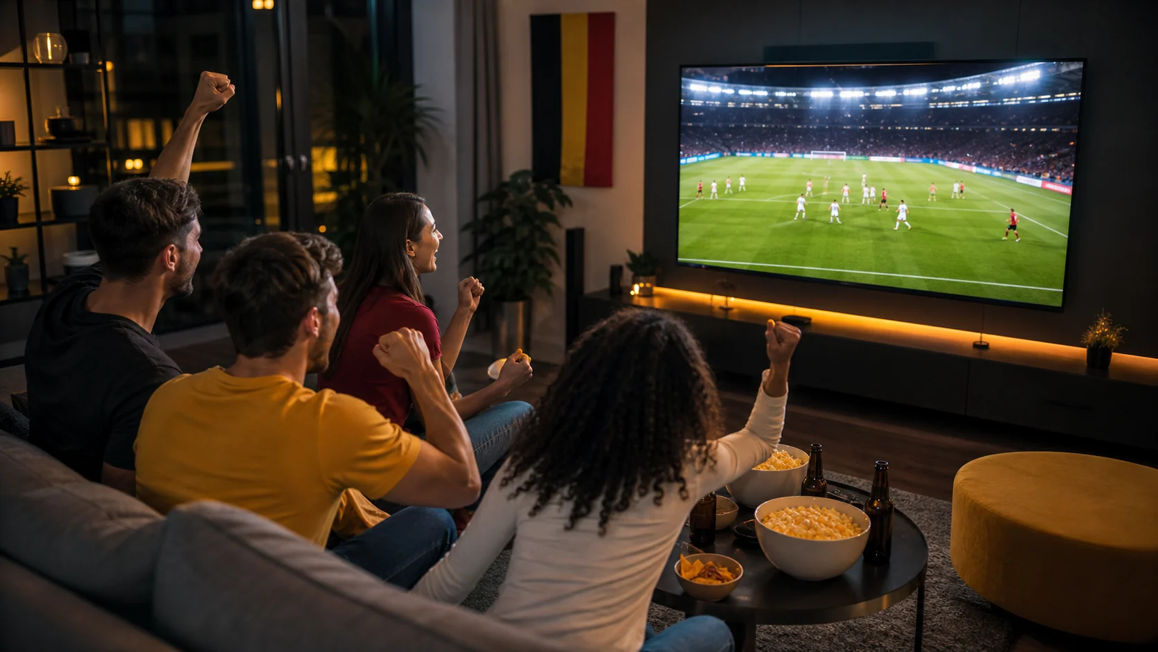Soirée match de football regardée en streaming IPTV sur grand écran